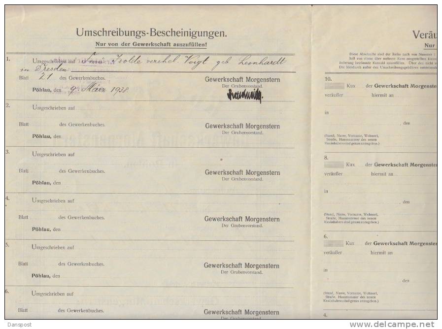 Gewerkschaft Morgenstern Pöhlau 10 Kuxe 1938 - Mines