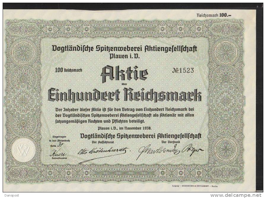 Vogtländische Spitzenweberei AG Plauen 100 Mark Aktie 1938 - Textiel