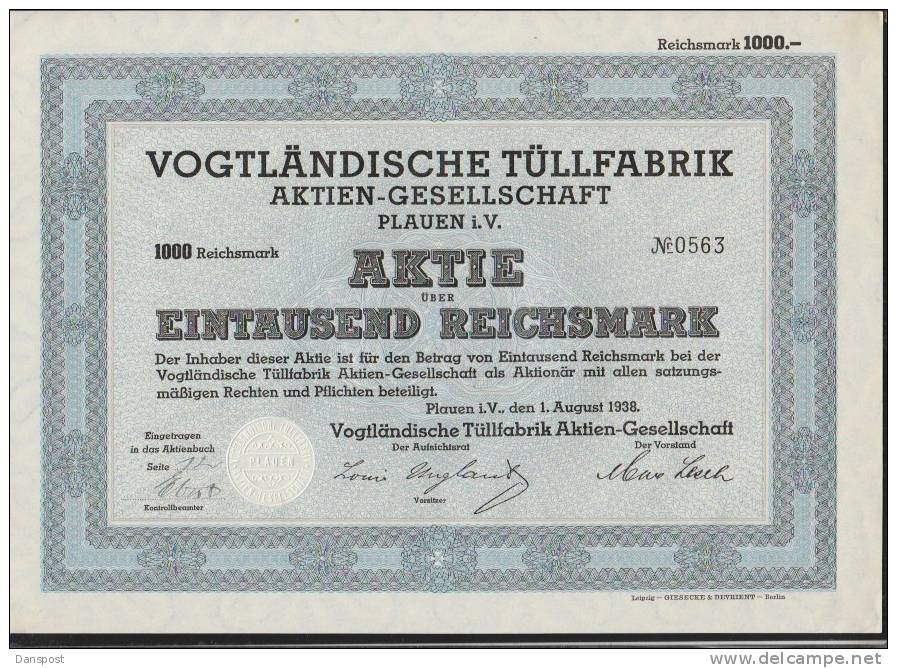 Vogtländische Tüllfabrik AG Plauen 1000 Mark Aktie 1938 - Textiel