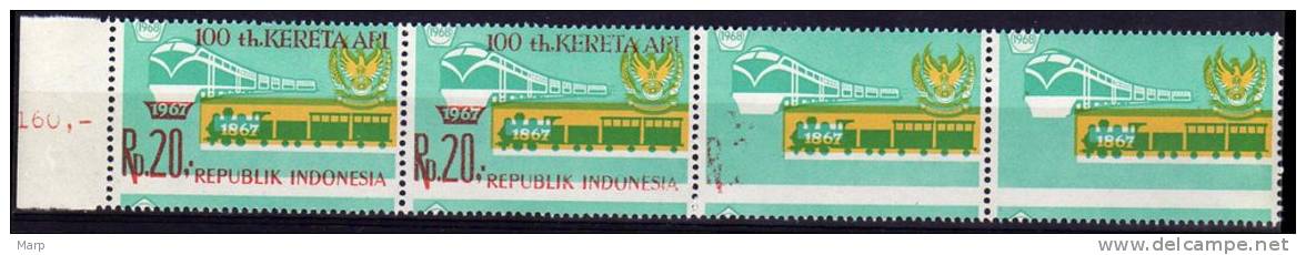 TRAIN ERROR Stamps Indonesia 1968 Missing Colors Mnh In Strip Of 4 And Shifted. - Trains