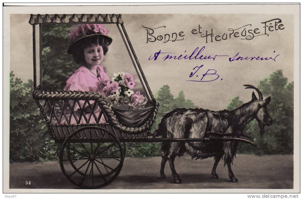 Carte Postale Fantaisie Jeune Fille-Young Girl- Charrette Attelage Avec CHEVRE - ANIMAUX - VOIR 2 SCANS - - Abbildungen