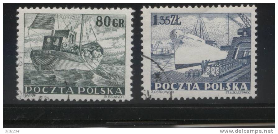 POLAND 1953 MERCHANT NAVY SET OF 2 USED Ships Boats Fishing Fishermen Docks Harbour - Schiffe