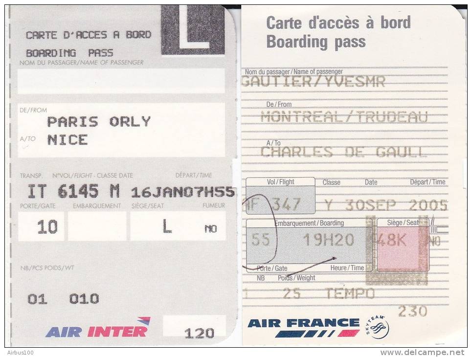 Souches De Cartes D'embarquement - Air Inter Et Air France - Voir Descriptif - - Boarding Passes