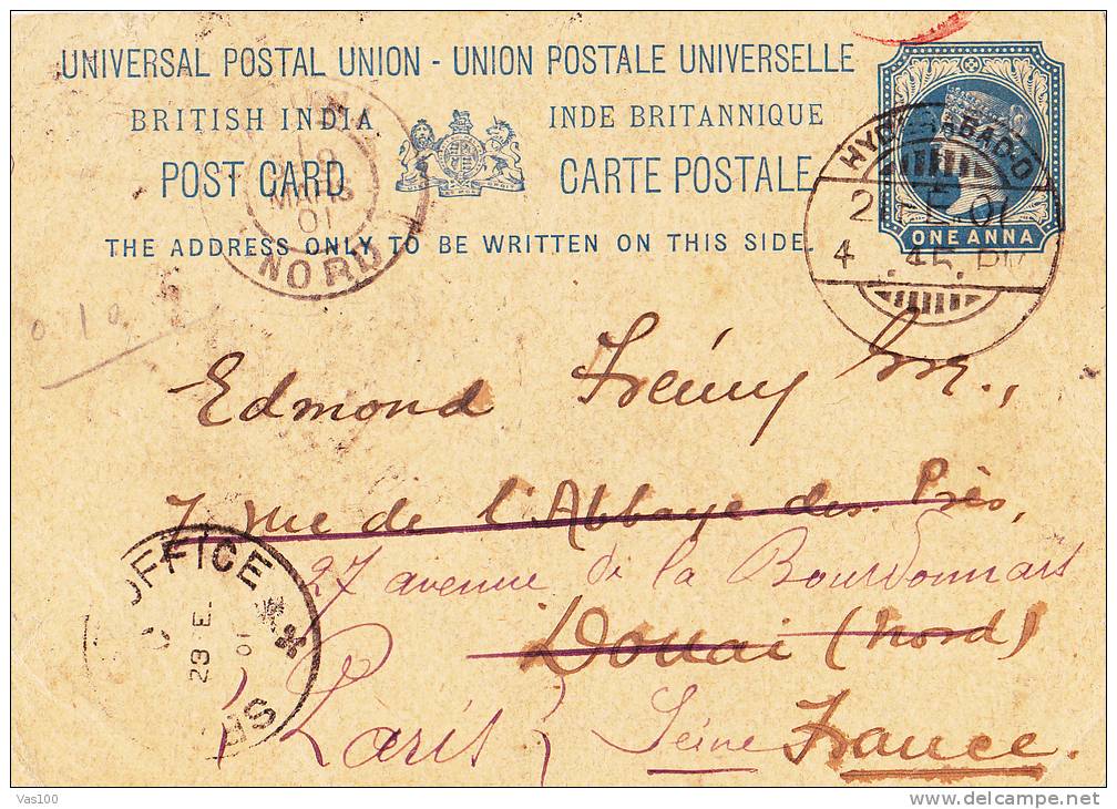 HYDERABADO 1901 CARD STATIONERY TO FRANCE - 1898-1900 Sage (Type III)