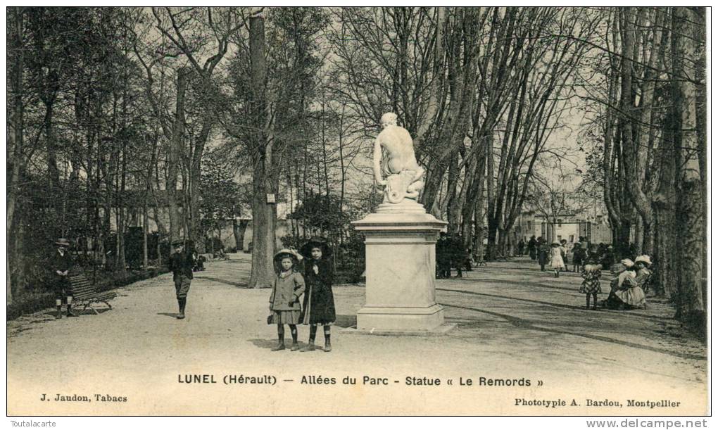 CPA 34 LUNEL ALLEES DU PARC STATUE LE REMORDS 1912 - Lunel