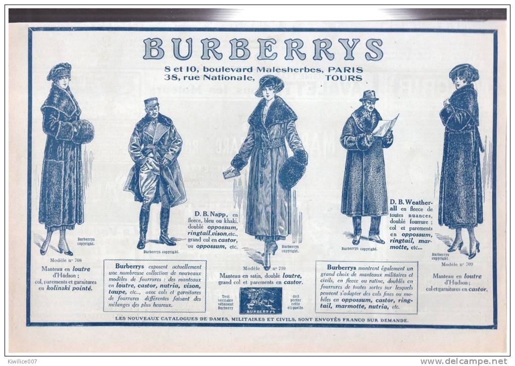 Publicité  1918  BURBERRYS       MANTEAU VETEMENT BLEUTEE - Publicités