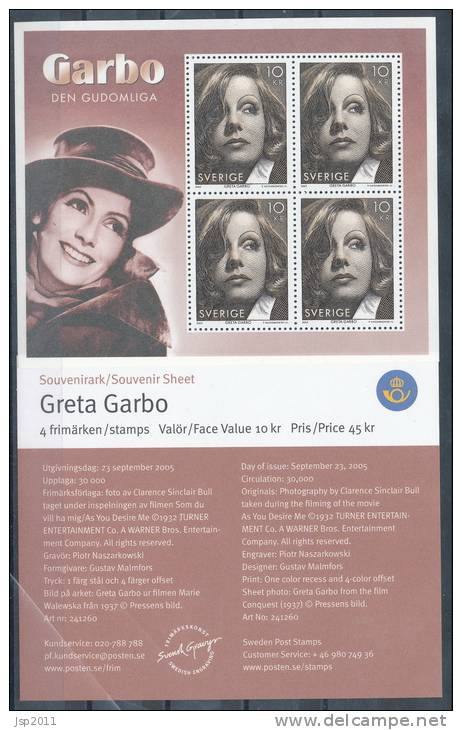 Sweden 2005 Facit SS 3 Facit # 2508. Greta Garbo, MNH (**) - Blocs-feuillets