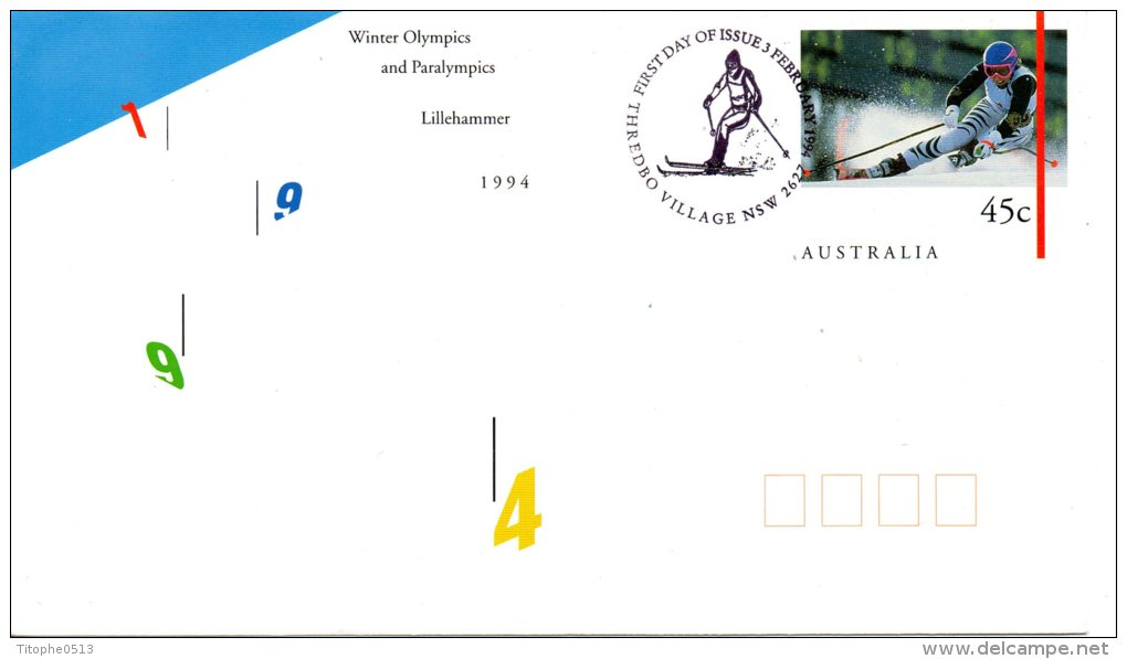 AUSTRALIE. Entier Postal Avec Oblitération 1er Jour De 1994. J.O. De Lillehammer/Ski. - Invierno 1994: Lillehammer