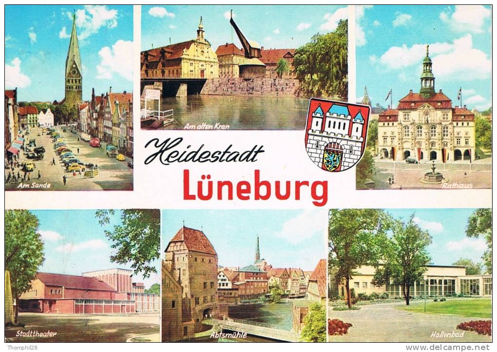 Heidestadt LÜNEBURG - Carte Multivues : Am Sande, Am Alten Kran, Rathaus, Stadttheater, Abtsmühle, Hallenbad - 2 Scans - Lüneburg