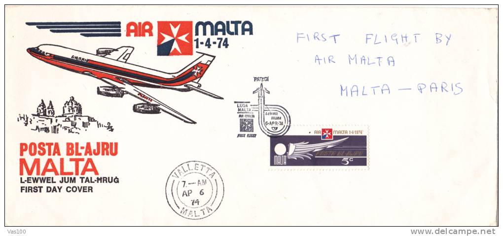 FIRST FLIGHT BY AIR MALTA - PARIS, 1974 COVER FDC MALTA. - Malta