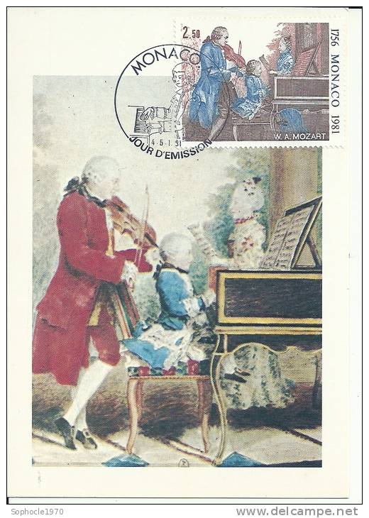 MONACO - Série Musiciens - MOZART -Timbre Et Tampon Jour D'émission 1981 - Cartes-Maximum (CM)