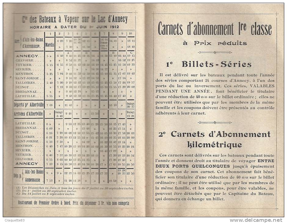 LAC D'ANNECY -HORAIRE DES BATEAUX A VAPEUR-TOUR DU LAC-1912 - Europe
