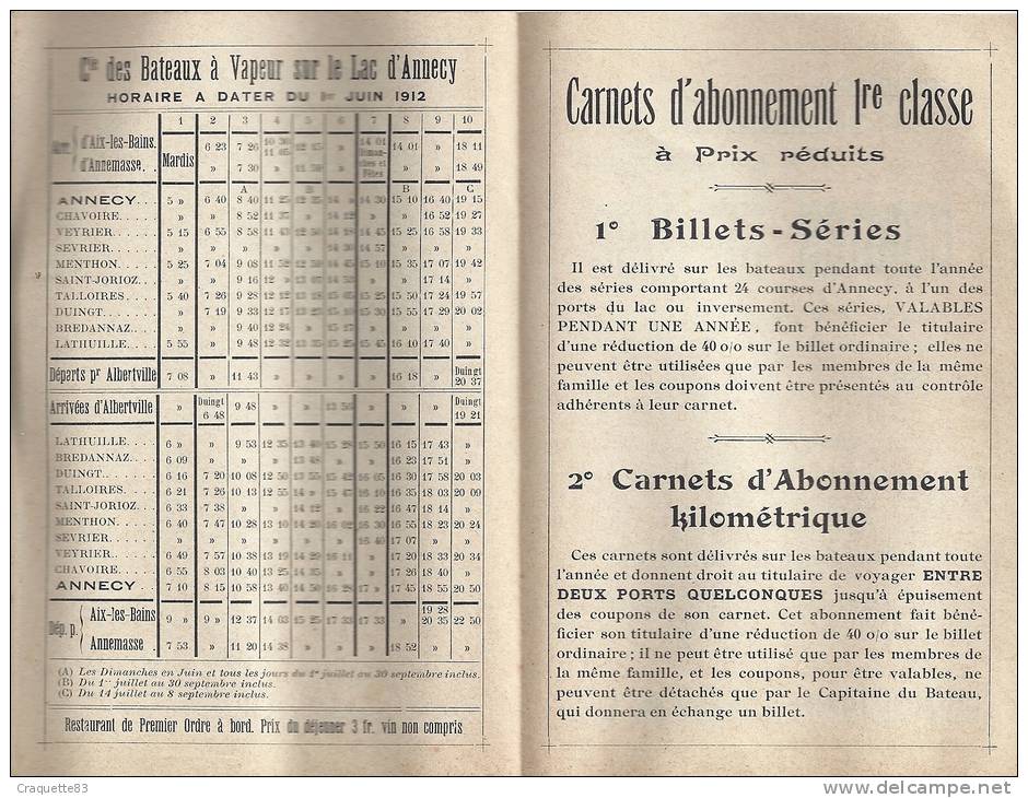 LAC D'ANNECY -HORAIRE DES BATEAUX A VAPEUR-TOUR DU LAC-1912 - Europa