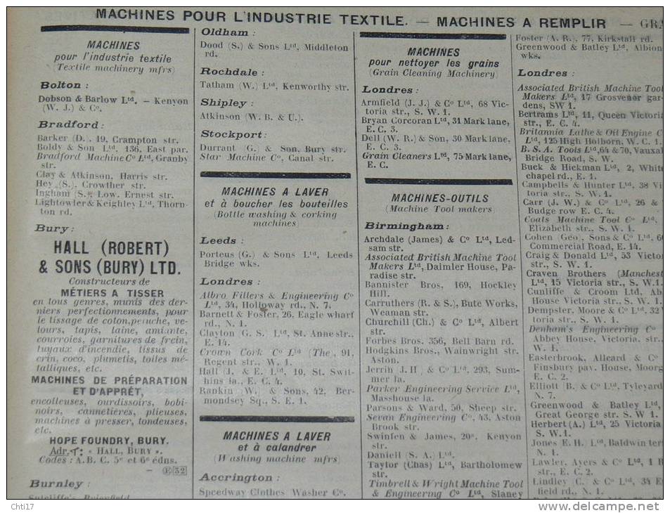 GRANDE BRETAGNE LONDRES SHEFFIELD BOLTON    EXTRAIT ANNUAIRE BOTTIN PROFESSIONS 1934  INDUSTRIELS COMMERCES ET METIERS - Telephone Directories