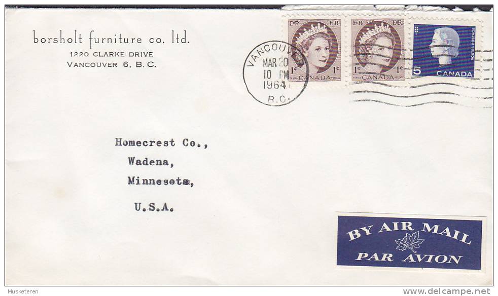 Canada Airmail Par Avion Label BORSHOLT FURNITURE Co. Ltd VANCOUVER 1964 Cover To WADENA (MI) United States - Poste Aérienne