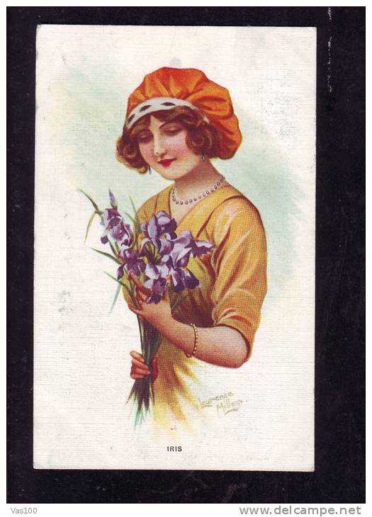 LOURENCE MILLERE,WOMWN WITH IRIS ,ORIGINAL VINTAGE POSTCARD - Milliere