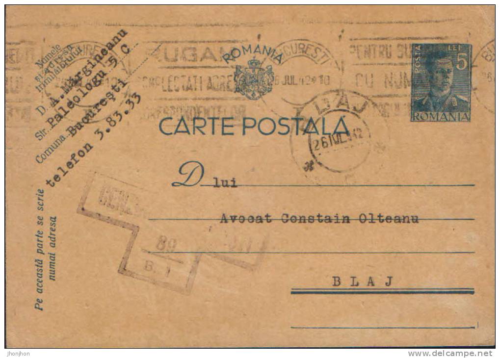 Romania-Postal Stationery Postcard 1942,censored And Circulated  Blaj - Lettres 2ème Guerre Mondiale