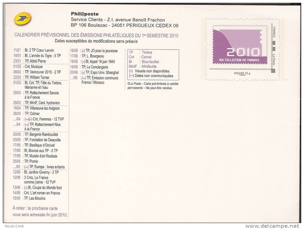 Mon Timbre à Moi Monde 20g : Entier Postal Programme 2 Semestre 2010 Emis Par Phil@poste 13 - Pseudo-entiers Officiels