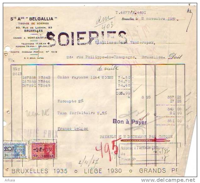 Bruxelles - 1937 - Sté Ame "Belgallia" - Soieries - Tissage - Kleidung & Textil
