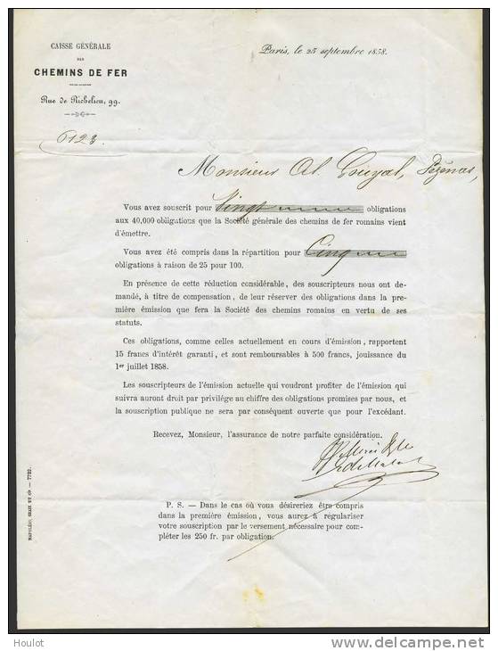 Grand-Lettre De Caisse Générale Des Chemis De Fer Rue De Richellieu 99 Paris Le 25 Septembre 1858/ NAPOLÉÔN 1858 CHAIX - Lettres & Documents