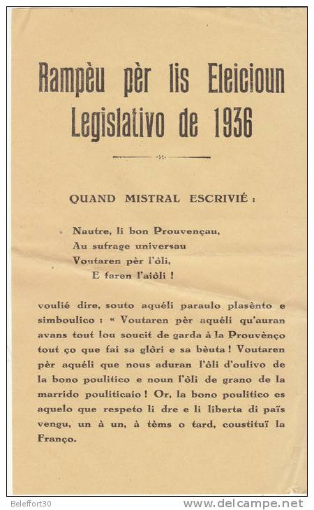 Archive Puel/ Prospectus En Occitan Provençal Mistral Pour Les Elections Législatives De 1936 - Publicités