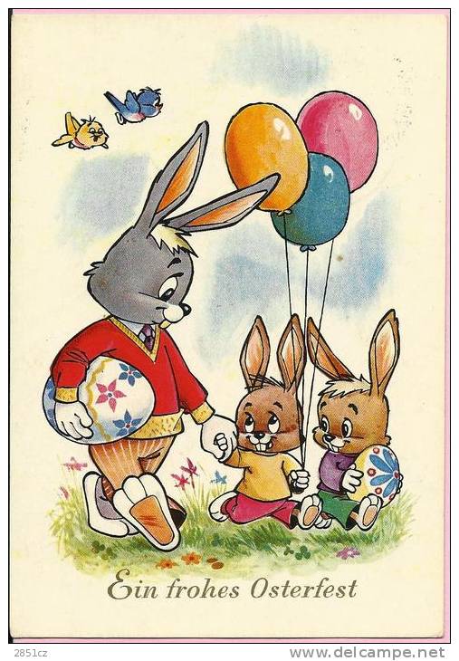 POSTCARD HAPPY EASTER - RABBIT WITH BALOONS, Bergneustadt, 4.4.1974., Germany (to Yugoslavia) - Bergneustadt