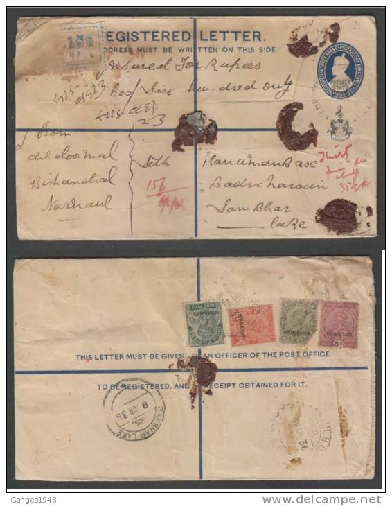 Patiala  State  India 1936  KG V  Registered  Postal Stationery  Envelope Uprated  Used # 33077  Inde Indien - Patiala