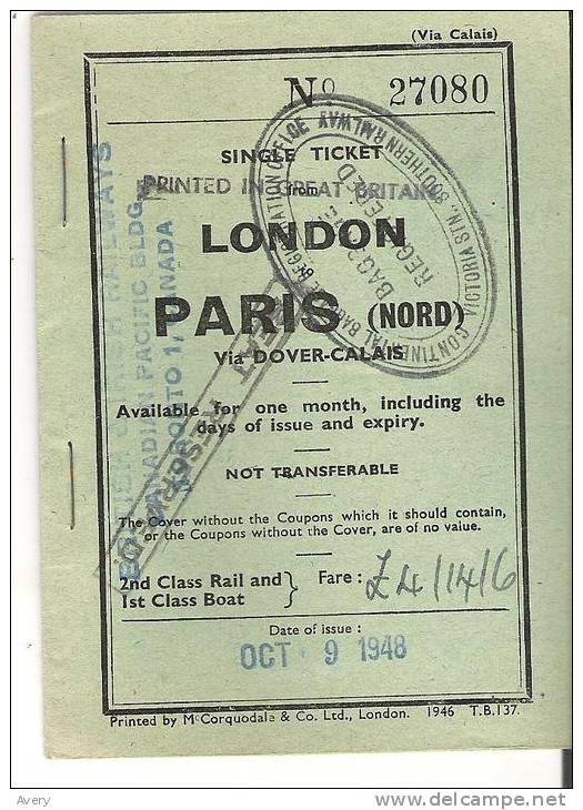 Ticket London To Paris Via Dover - Calais 1948 - Tickets - Vouchers