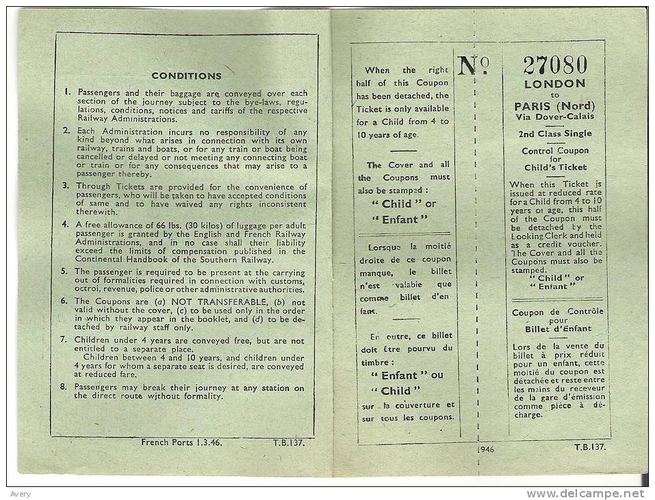 Ticket London To Paris Via Dover - Calais 1948 - Tickets - Vouchers