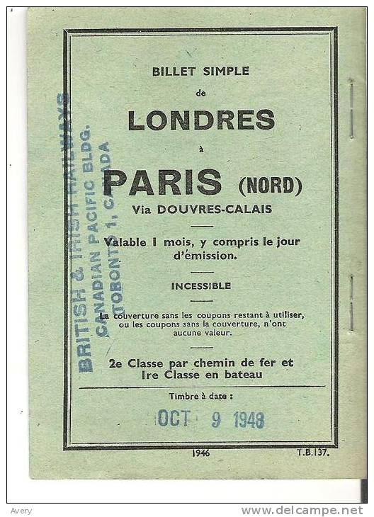 Ticket London To Paris Via Dover - Calais 1948 - Tickets - Vouchers