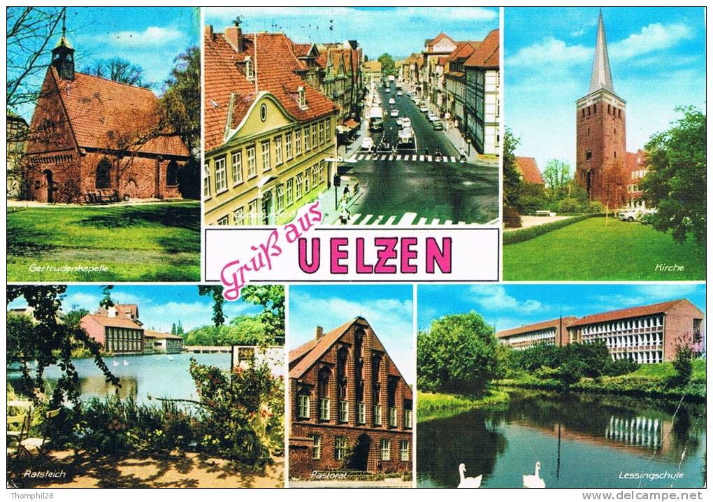 Grüss Aus UELZEN - Carte Multivues : Gertrudenkapelle / Kirche / Ratsteich / Pastorat / Lessingschule - 1978, 2 Scans - Uelzen