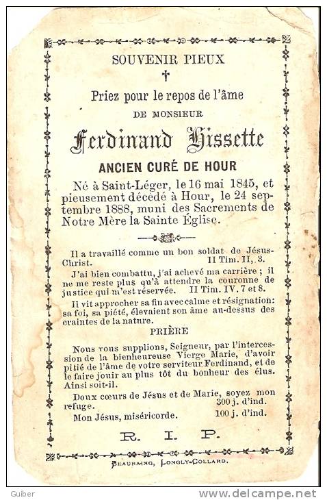 Hour Ancien Curé  Souvenir Pieux 1888 Etat!!!!! - Obituary Notices