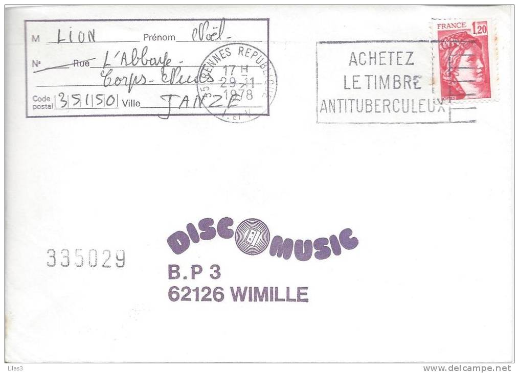 Rennes République 29/11/1978 "Achetez Le Timbre Antituberculeux" Tuberculose Maladie Respiratoire - Maladies