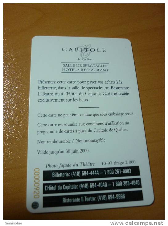 Quebec - Capitole Hotel Chip Card - Cartes D'hotel