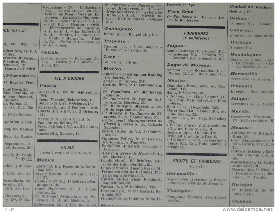 MEXIQUE MEXICO VERA CRUZ   MONTEREY DURANGO CHIHUAHUA  EXTRAIT ANNUAI PROFESSIONS 1934 INDUSTRIELS COMMERCES ET METIERS - Telefonbücher
