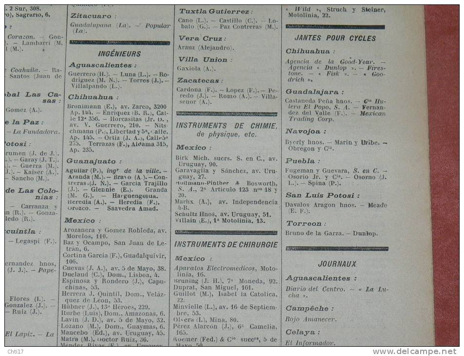 MEXIQUE MEXICO VERA CRUZ   MONTEREY DURANGO CHIHUAHUA  EXTRAIT ANNUAI PROFESSIONS 1934 INDUSTRIELS COMMERCES ET METIERS - Telefonbücher