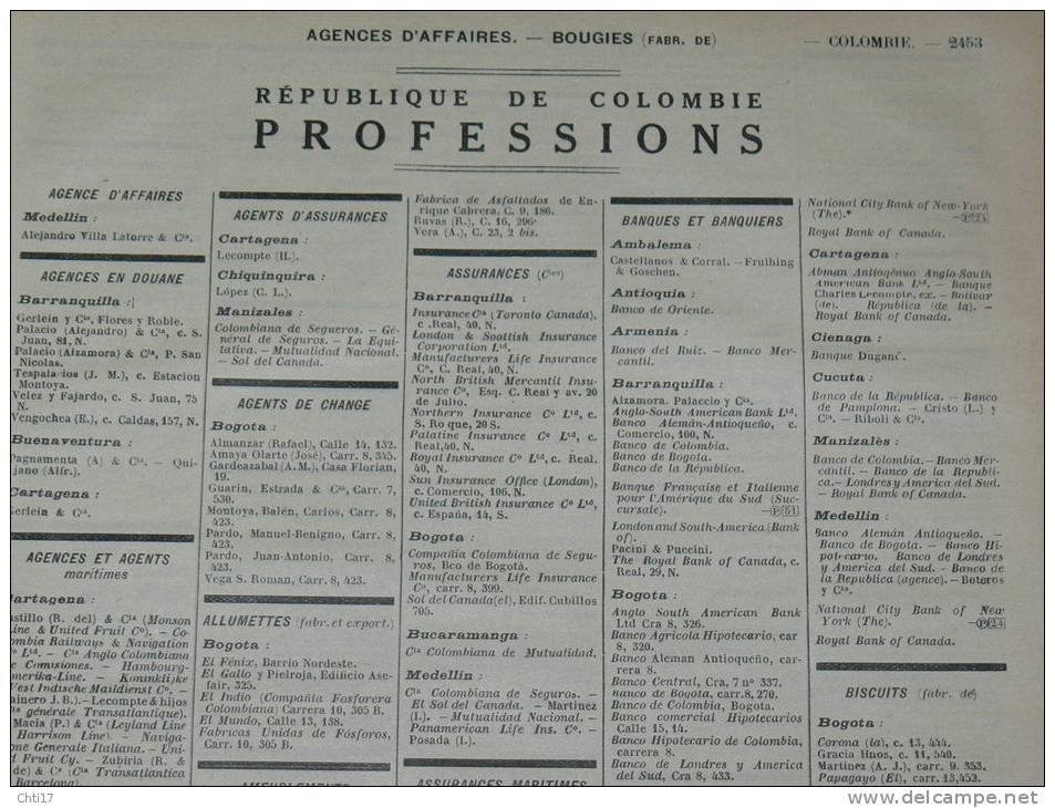 COLOMBIE BOGOTA EQUATEUR QUITO   EXTRAIT ANNUAIRE  PROFESSIONS 1934 INDUSTRIELS COMMERCES ET METIERS - Annuaires Téléphoniques