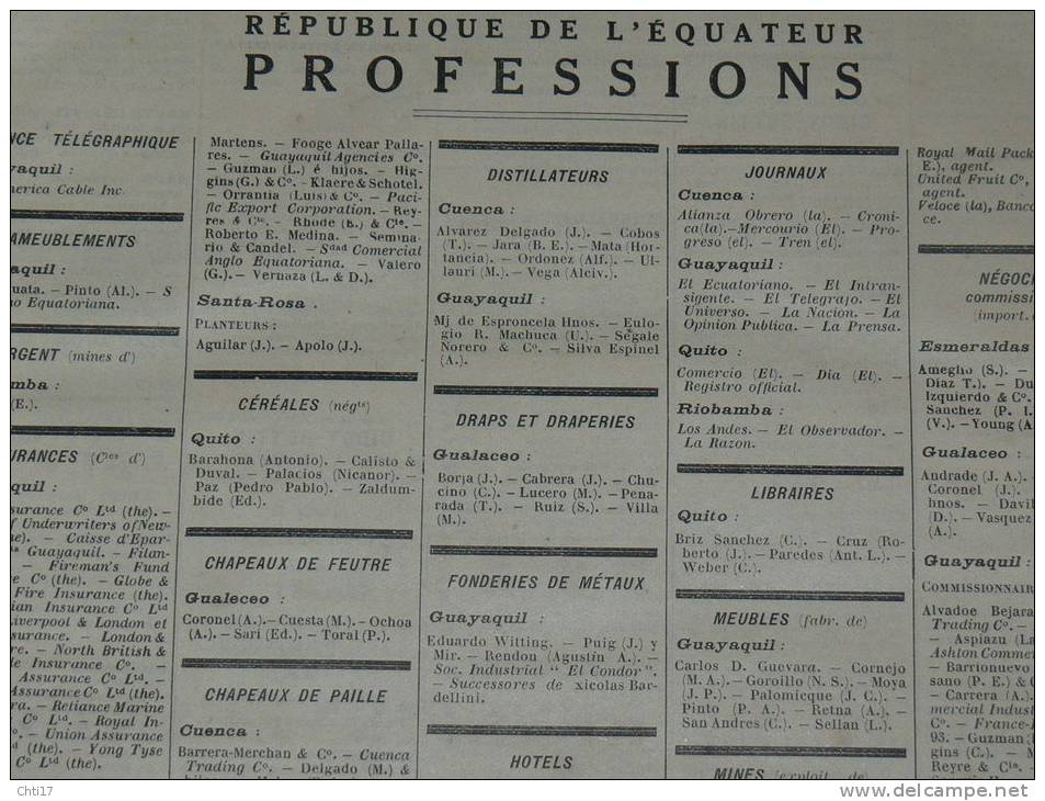 COLOMBIE BOGOTA EQUATEUR QUITO   EXTRAIT ANNUAIRE  PROFESSIONS 1934 INDUSTRIELS COMMERCES ET METIERS - Telefonbücher