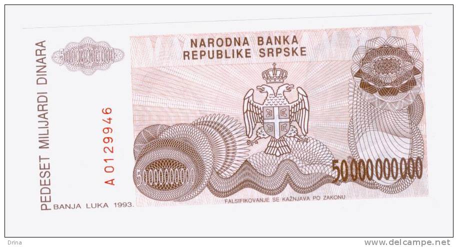 Republic Of Srpska-Banja Luka 50 000 000 000 Dinara(biggest Denominations) 1993(non-issued Banknotes)UNC - Bosnia Y Herzegovina