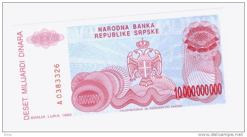 Republic Of Srpska-Banja Luka 10 000 000 000 Dinara(second Largest Denominations) 1993(non-issued Banknotes)UNC - Bosnia Y Herzegovina