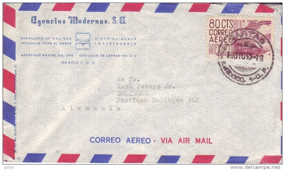 Lettre De Mexico à Solingen (Allemagne) Du 10 Dec 1953 Avec Timbre 80 Cts Correo Aereo - Mexique