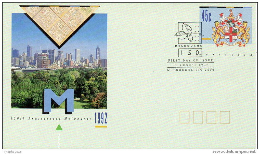 AUSTRALIE 1992. Entier Postal Avec Oblitération 1er Jour De 1992.  Armoiries De Melbourne. - Covers