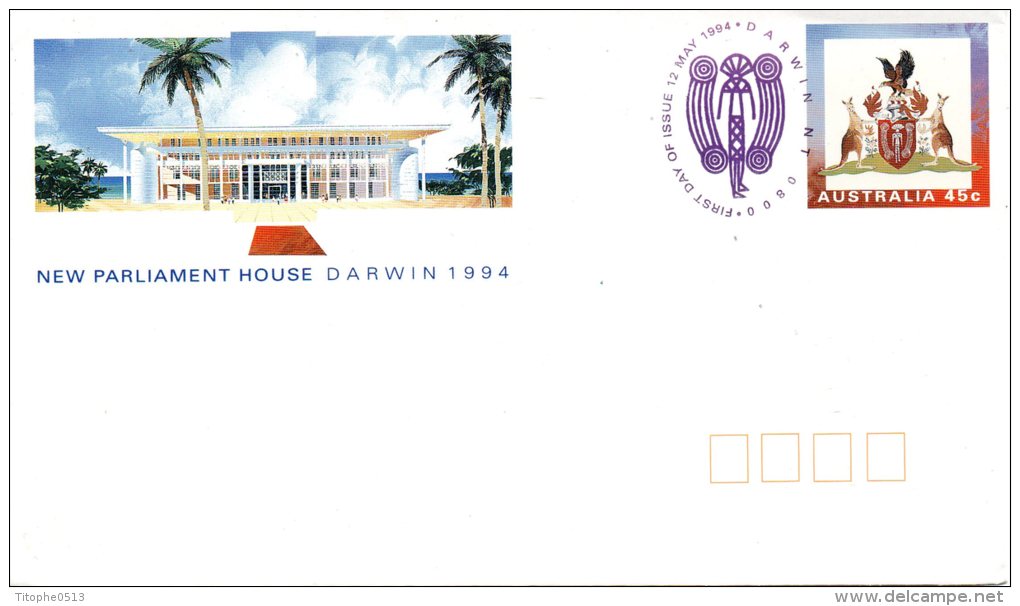 AUSTRALIE Entier Postal Avec Oblitération 1er Jour De 1994. Armoiries De Darwin/Kangourous/Parlement. - Briefe U. Dokumente