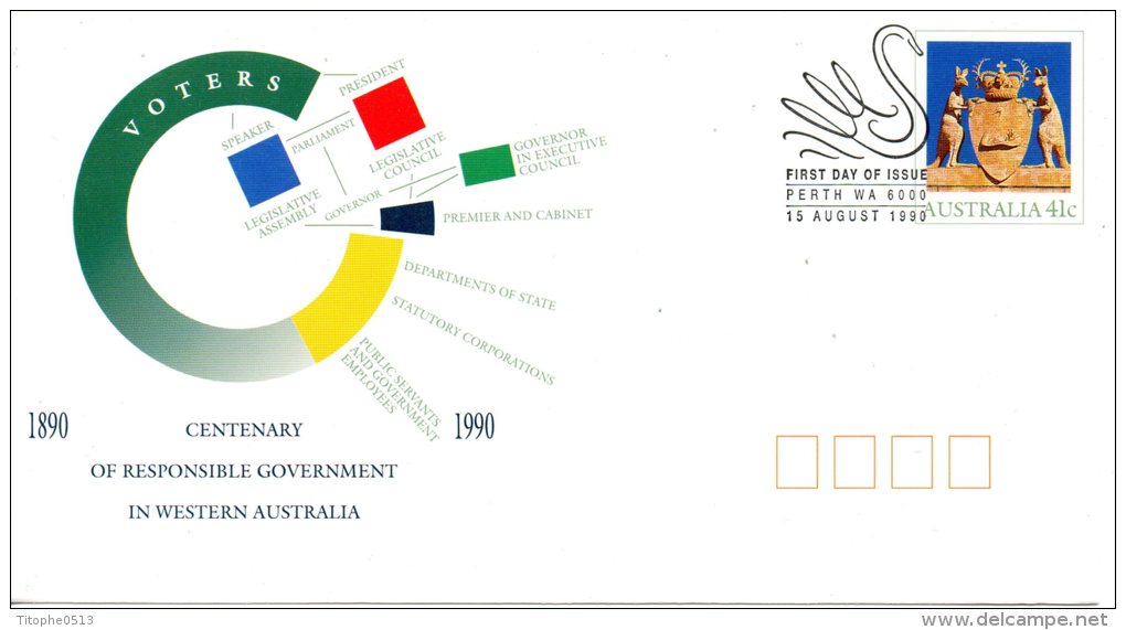 AUSTRALIE. Entier Postal Avec Oblitération 1er Jour De 1990.  Armoiries/Kangourous. - Enveloppes