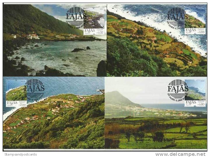 Portugal Açores Fajãs Géologie île Volcanique Volcan 4 Cartes Maximum Azores Fajãs Geology Volcanic Island Maxicards - Vulkane