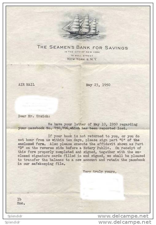 UNITED STATES-NEW YORK-to  Yugoslavia-SEAMEN BANK FOR SAVINGS-1950 - USA