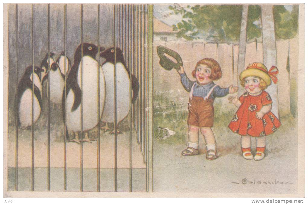 COLOMBO ILLUSTRATORE-ZOO PINGUINI BAMBINI SERIE 1866-4 VG 1932 BEN CONSERVATA ORIGINALE D'EPOCA 100% - Colombo, E.