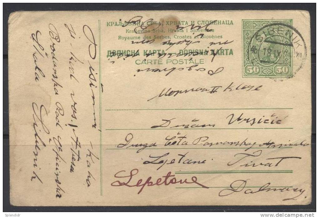 AK KINGDOM SHS-postal Stationery-Sibenik To Tivat-1926 - Postal Stationery