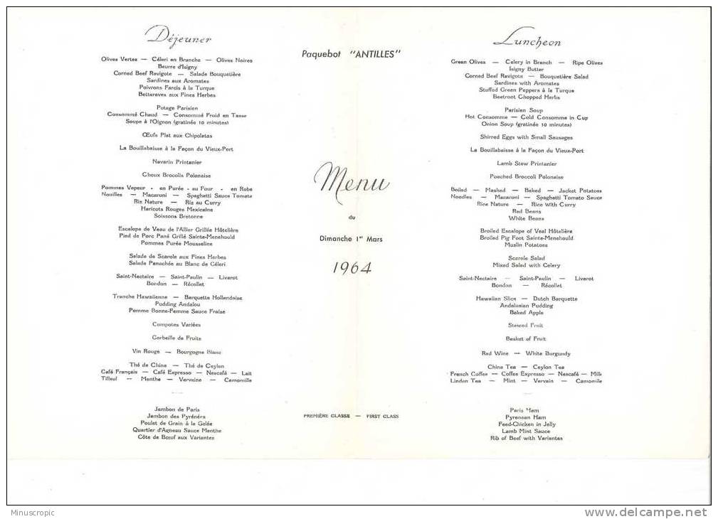 Compagnie Générale Transatlantique - Paquebot "Antilles" - Menu Du 1er Mars 1964 - Première Classe - Menus