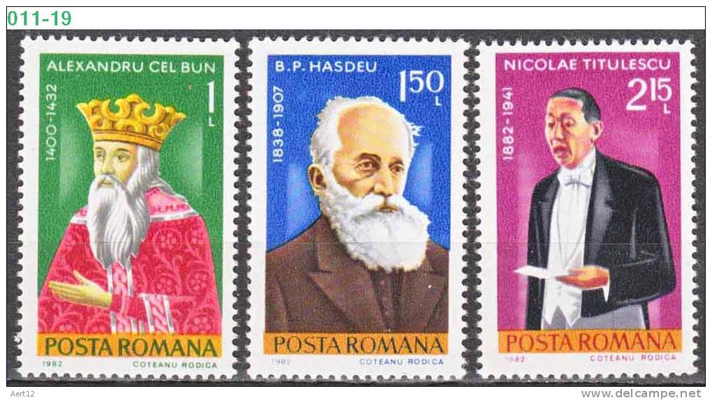 ROMANIA, 1982, Anniversaries, Commemorations, Famous People, MNH (**), Sc/Mi 3449-51 / 3845-47 - Unused Stamps